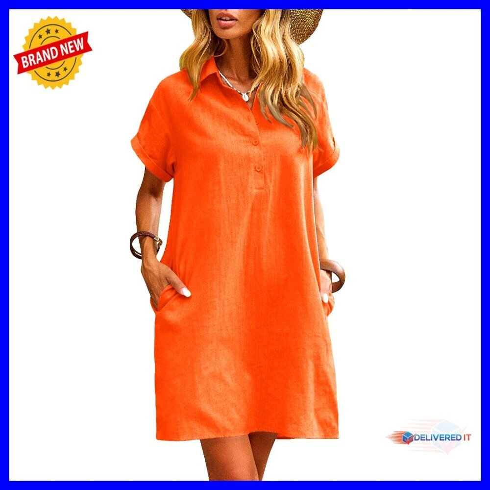 Cotton Shirt Dress Casual Short Sleeve Button Down with Pockets Summer Beach